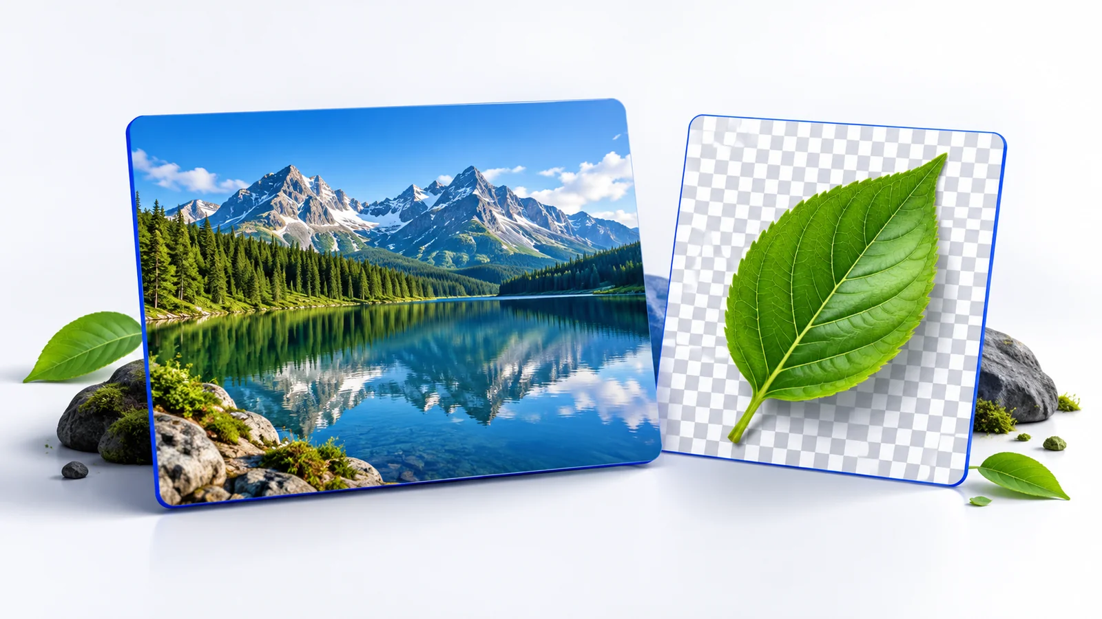 A photograph on a solid card beside a cutout leaf over a transparency grid